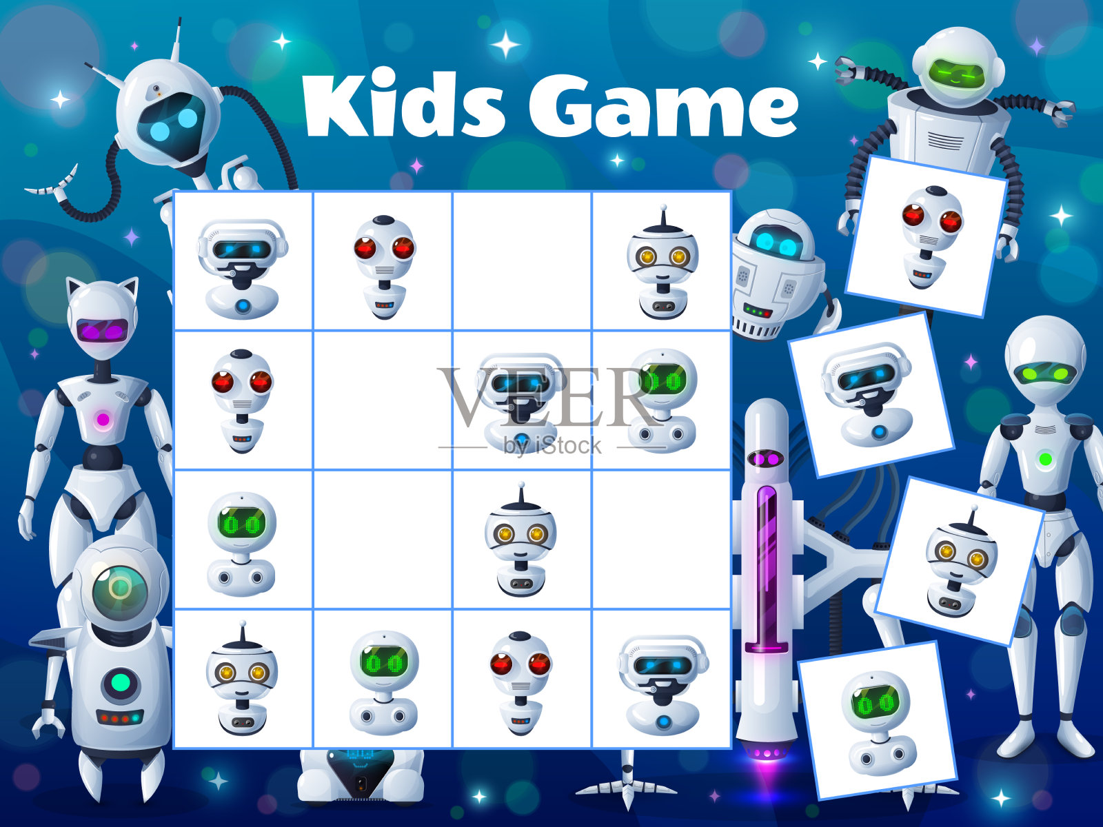 卡通机器人和机器人逻辑数独拼图插画图片素材