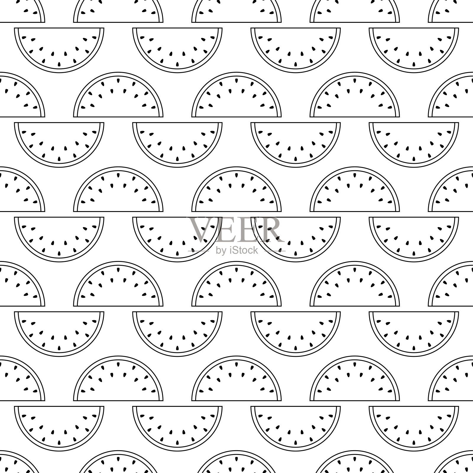 无缝图案与西瓜。黑色扁平图标水果片在白色背景。线性图标水果集。现代设计用于织物，包装纸，壁纸，包装。矢量图插画图片素材