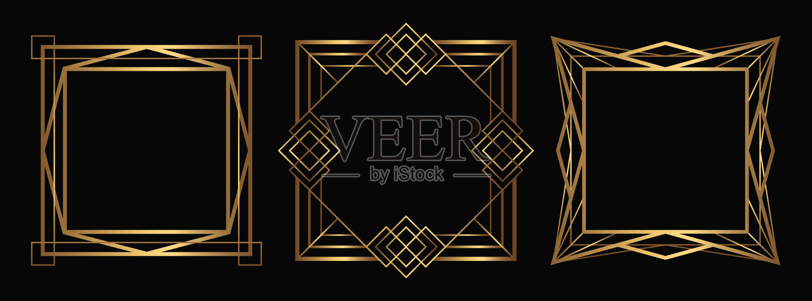 一套黄金装饰框架。孤立的装饰艺术用空旷的空间勾勒出边界。线条艺术花哨的框架。插画图片素材