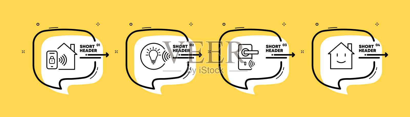 智能家居系统设置图标。电话，锁，密码，灯泡，门，拉手，微笑，安全，保护，私人财产，房地产，现代。技术的概念。信息图表时间表与图标和4个步骤。矢量线图标的业务和广告插画图片素材