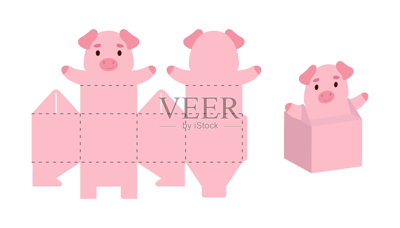 简单的包装偏爱猪盒设计，适用于糖果、糖果、小礼品。任何用途的派对包装模板，生日，宝宝派对。打印，剪，折，粘。向量股票插图插画图片素材