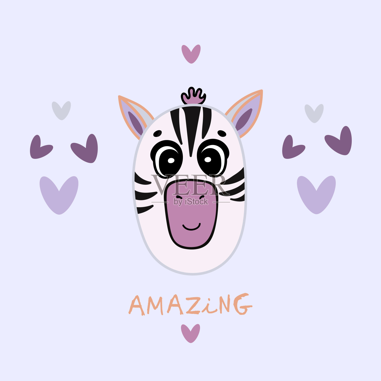 可爱的手绘装饰颜色矢量插图。可爱的斑马人物，带有心形和字母。t恤设计理念。插画图片素材