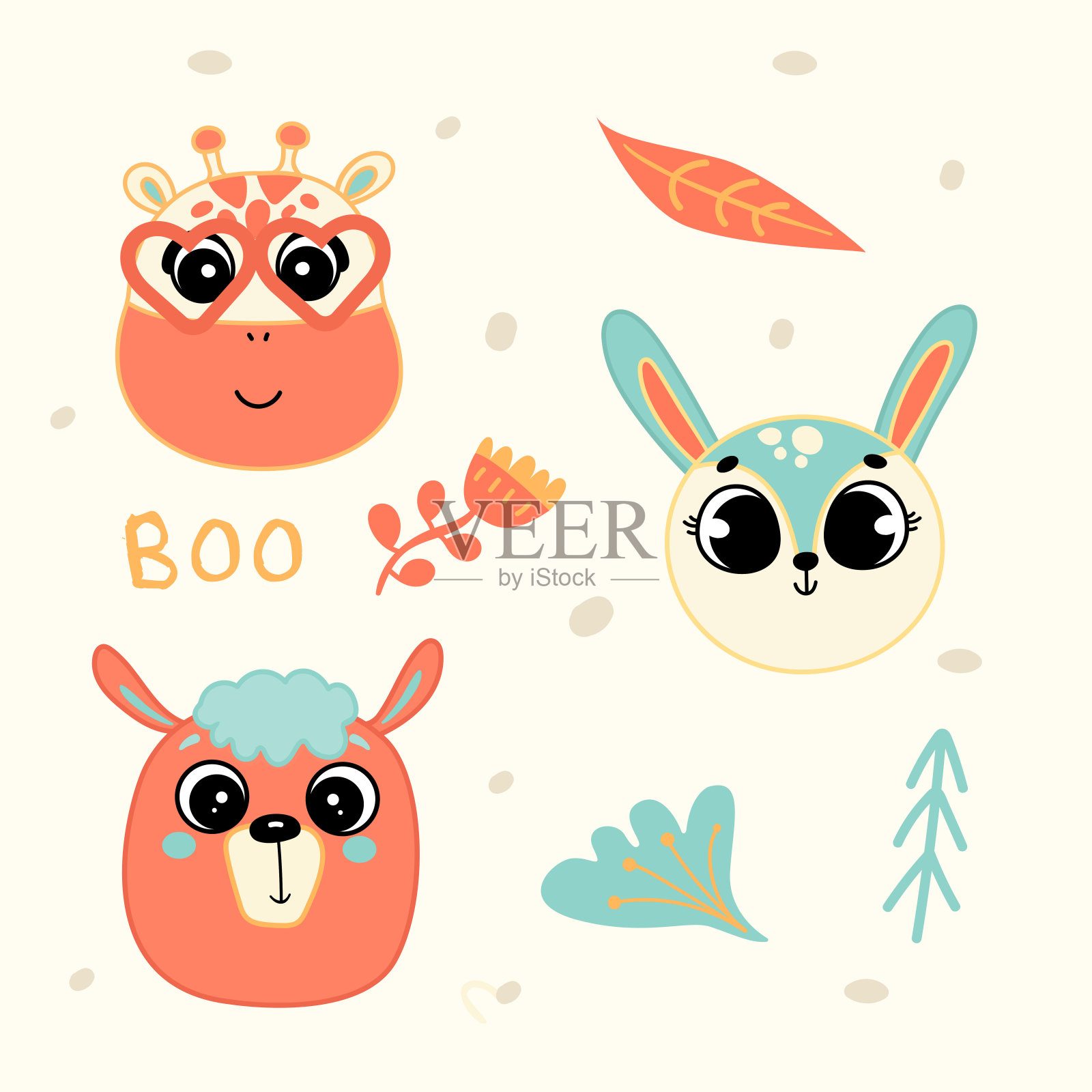 可爱的手绘装饰彩色动物向量集插图。可爱的长颈鹿，兔子和羊驼字符与抽象的斑点，可爱的风格插图。t恤设计理念。插画图片素材