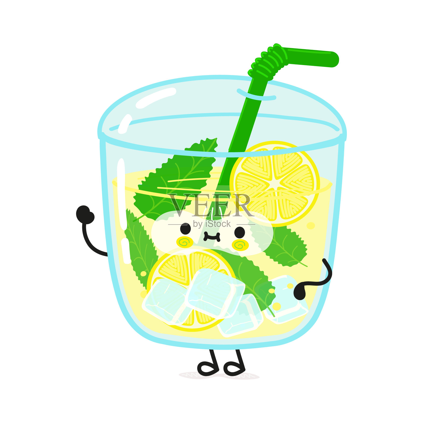 可爱有趣的柠檬水挥舞手的性格。矢量手绘卡通卡哇伊人物插图图标。孤立在白色背景。柠檬水的角色概念设计元素图片