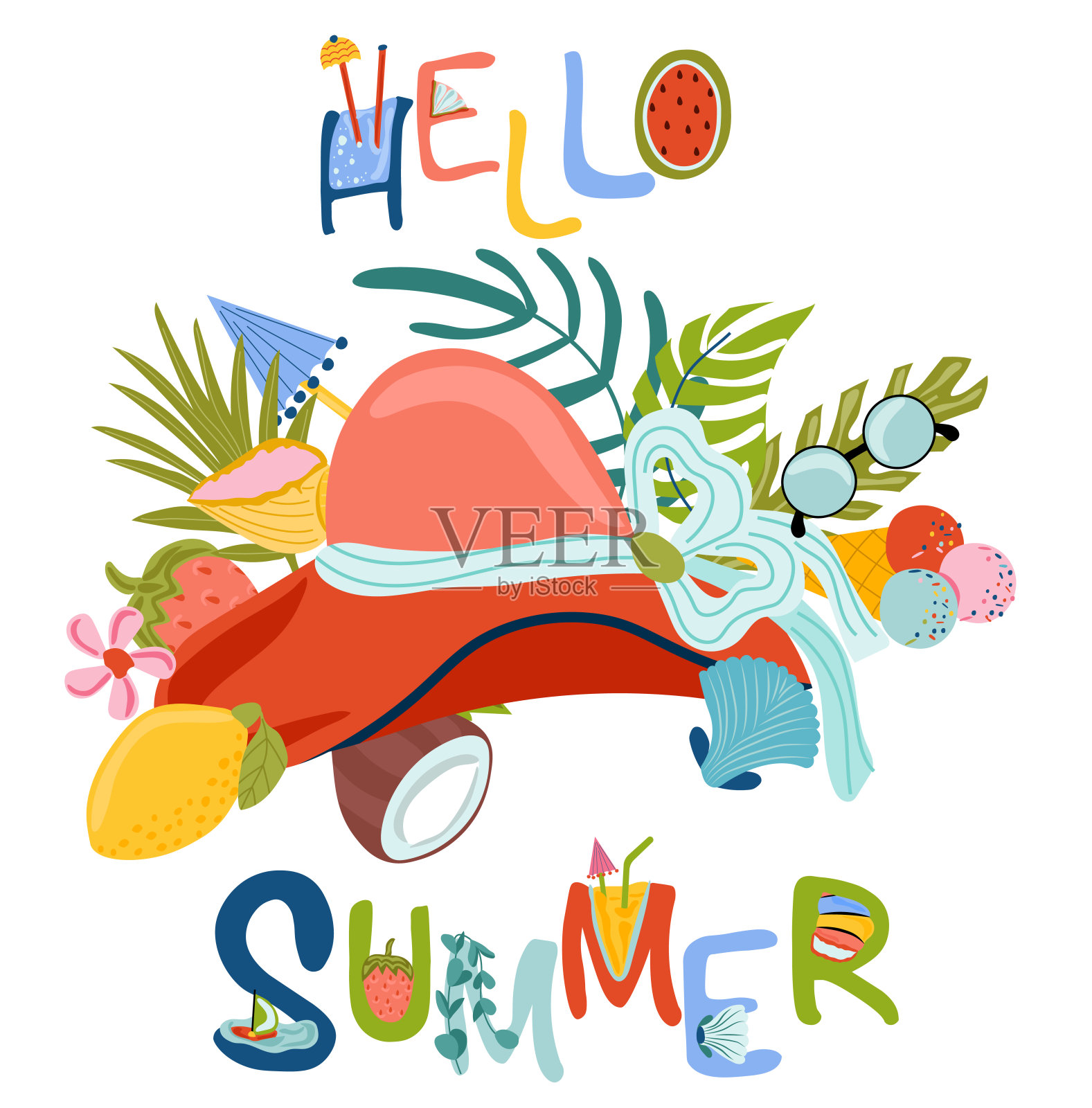 套装可爱元素，沙滩帽，热带树叶，水果，贝壳等。夏天的作文适合明信片，剪贴簿，海滩派对。你好,夏天刻字。向量。插画图片素材
