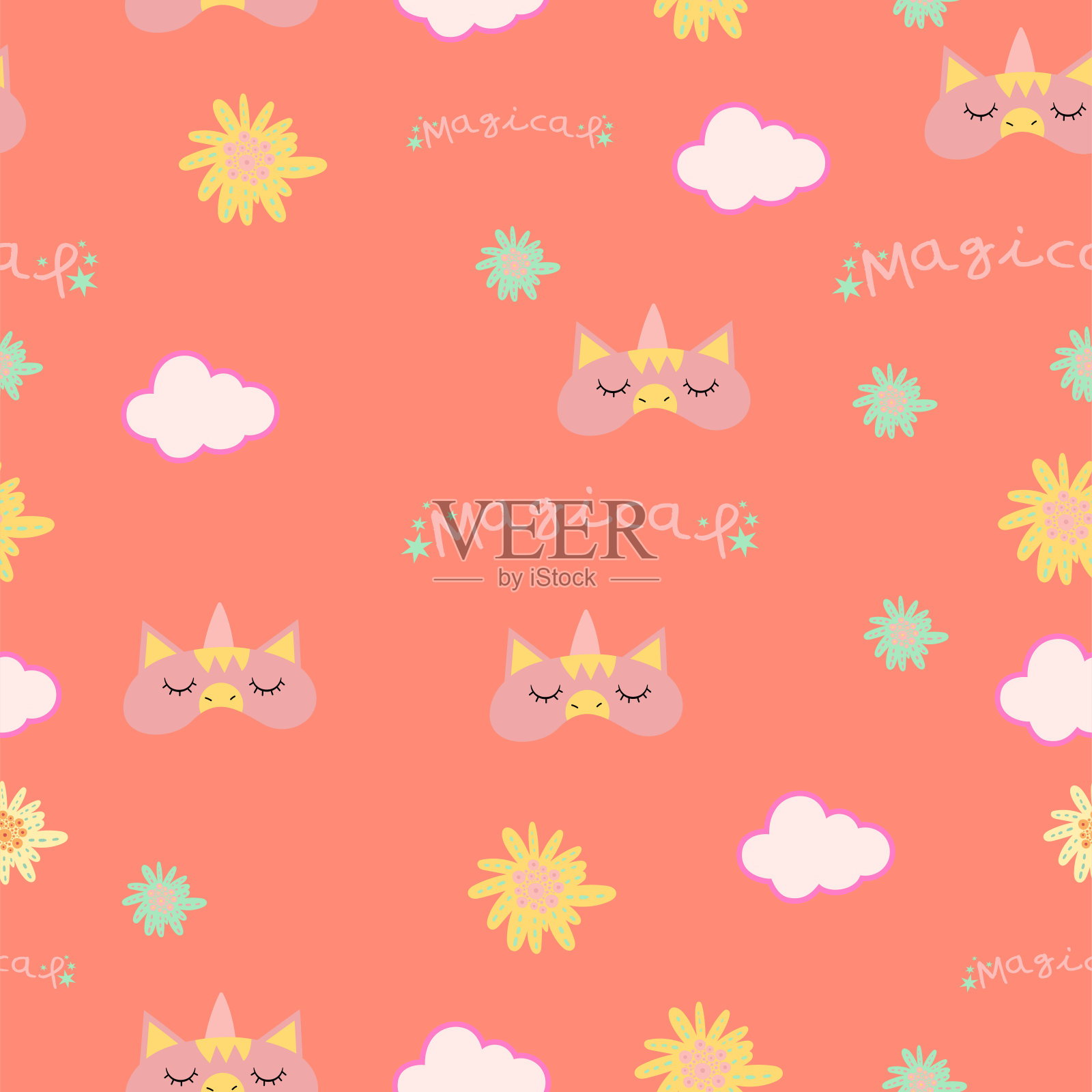 可爱无缝图案在粉红色的背景与舒适的女孩的东西，可爱的云，花和可爱的字母。
纹理剪贴簿，包装纸，邀请函。矢量插图。插画图片素材