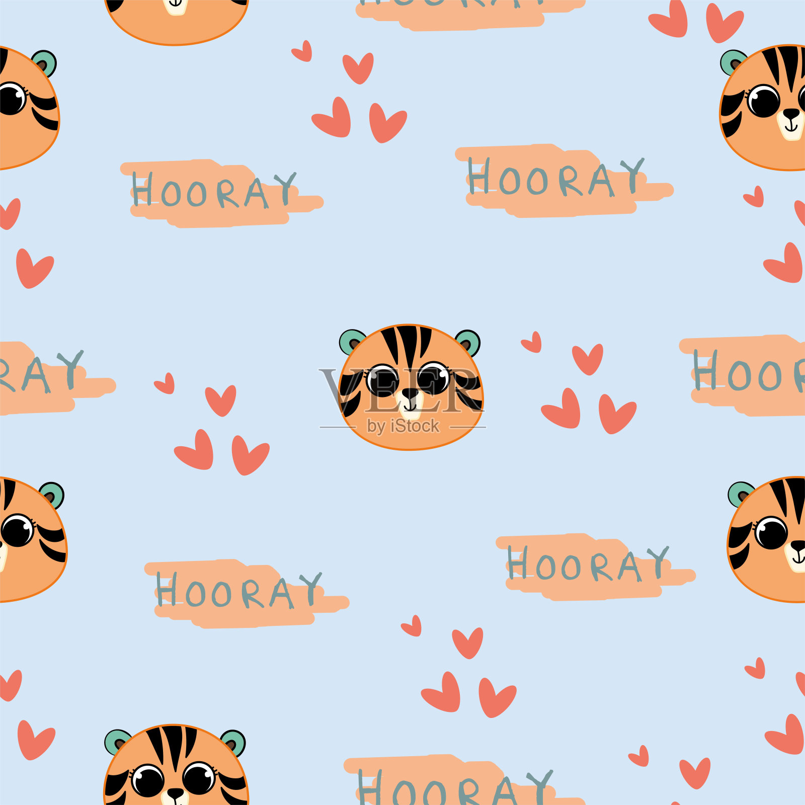 可爱的无缝图案在蓝色背景与可爱的老虎，和美丽的心。纹理剪贴簿，包装纸，邀请函。矢量插图。插画图片素材