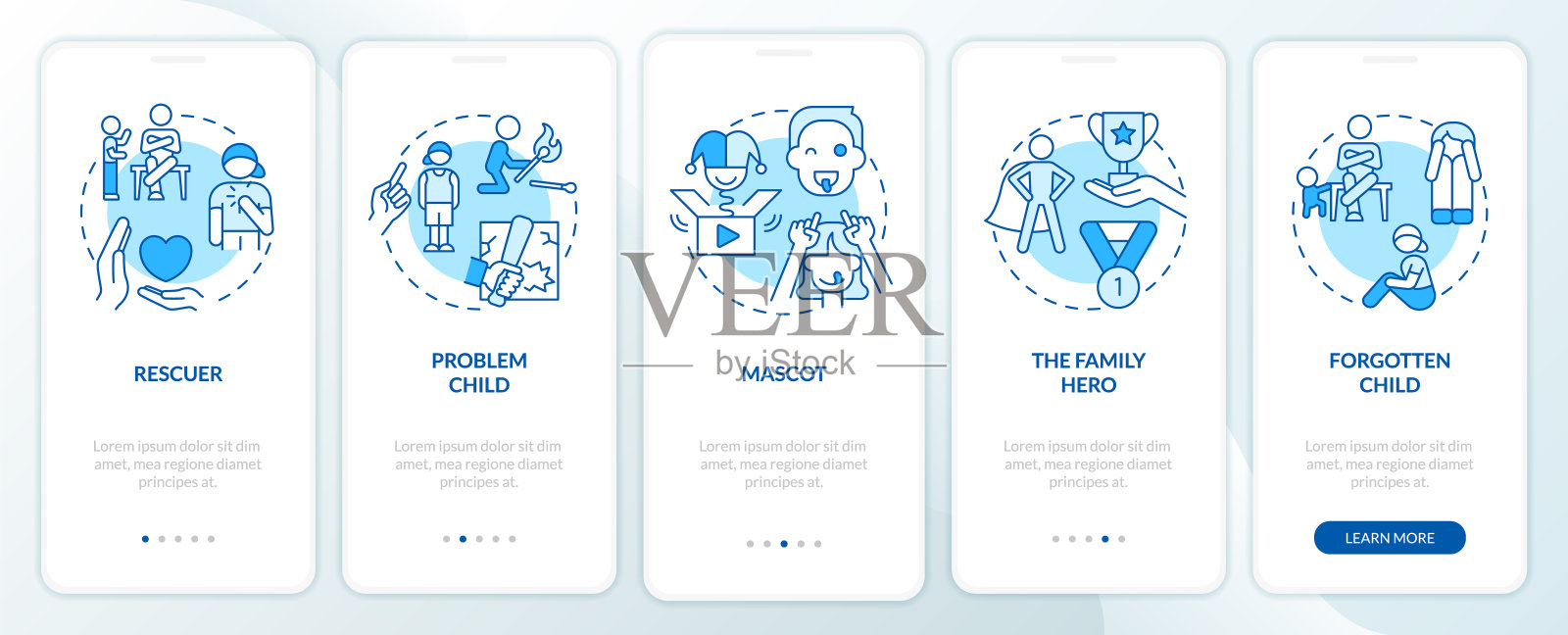 不正常家庭中的儿童角色蓝色的手机应用程序屏幕插画图片素材