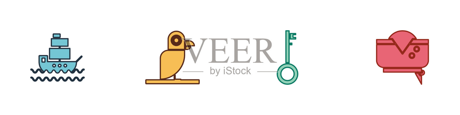 设置船海盗鹦鹉钥匙和帽子图标图标素材