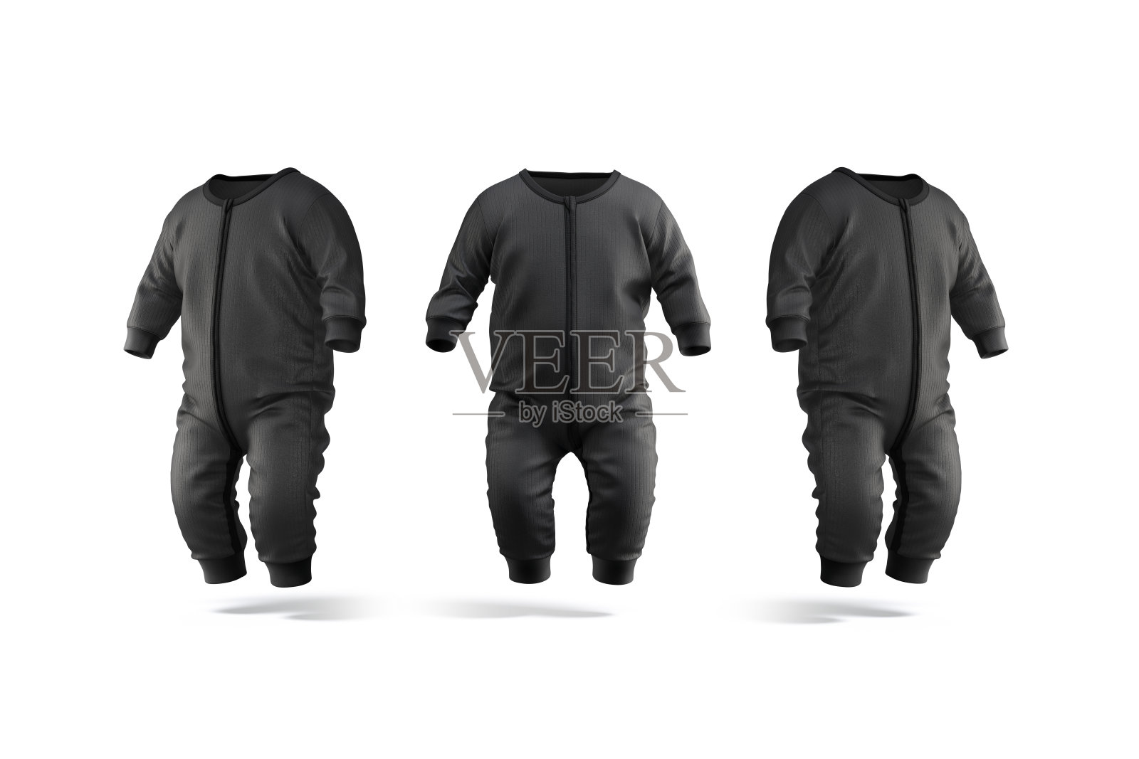 空白黑色婴儿拉链睡衣模型，前面和侧视图照片摄影图片