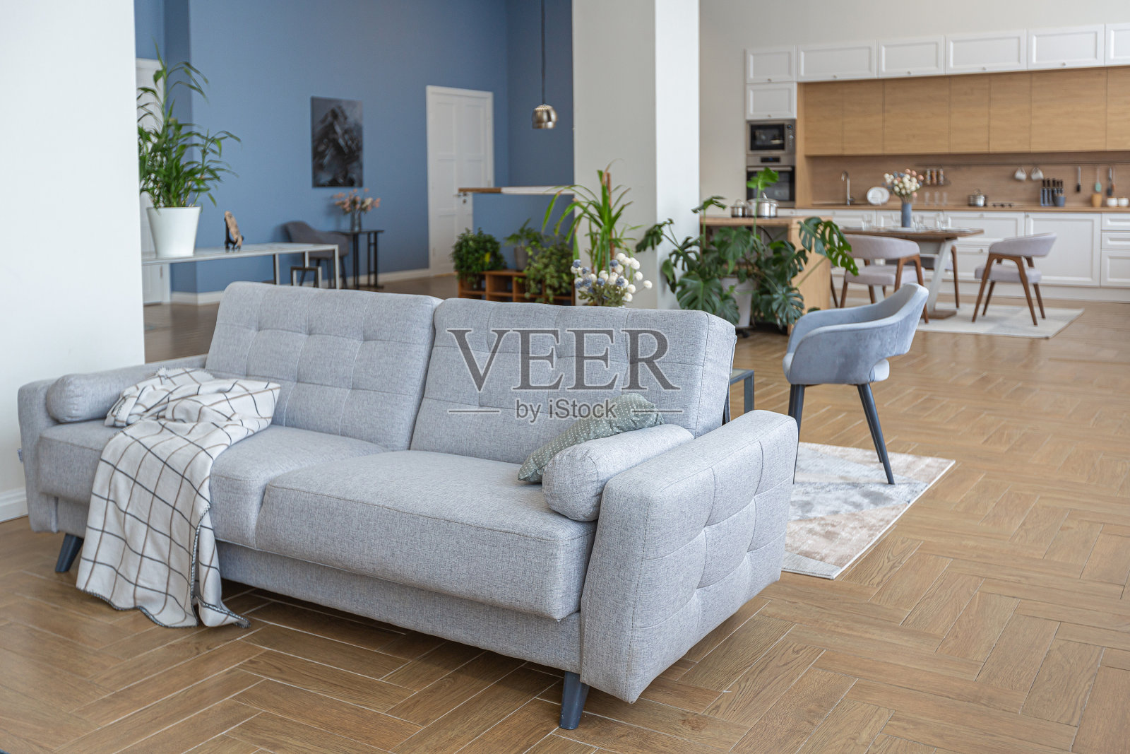 极简主义现代室内设计，宽敞明亮的斯堪的纳维亚风格的开放式公寓，白色、蓝色和深蓝色的柱在中心。包括厨房区域，办公室和休息室照片摄影图片