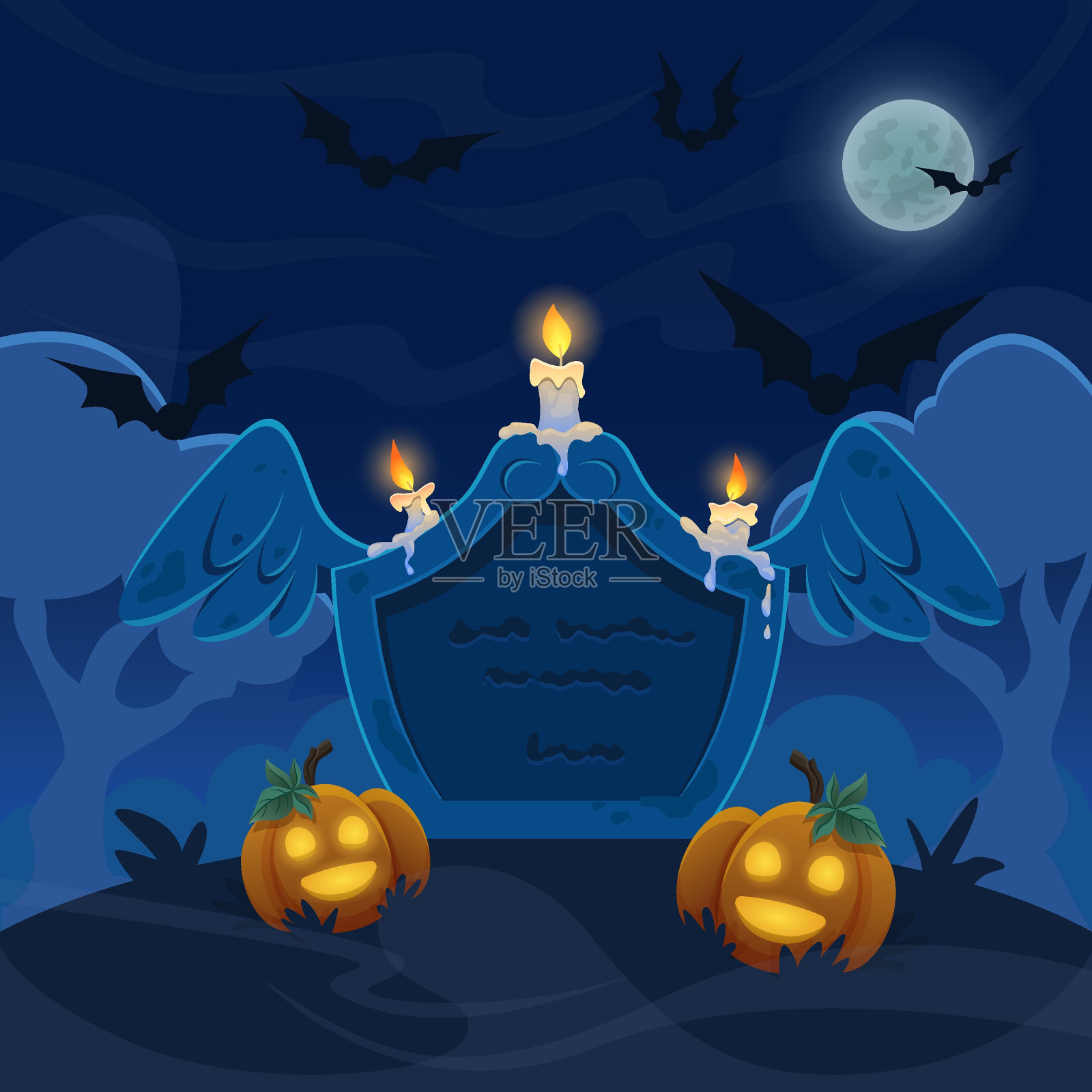 一个古老的石冢，墓地上有蜡烛。满月之夜，天空中有蝙蝠和南瓜。万圣节插图。设计模板素材