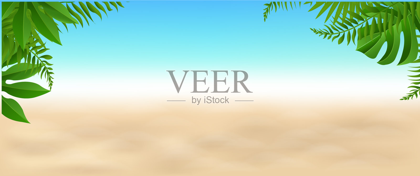 蓝色的海滩，蓝色的天空，还有热带的树叶插画图片素材