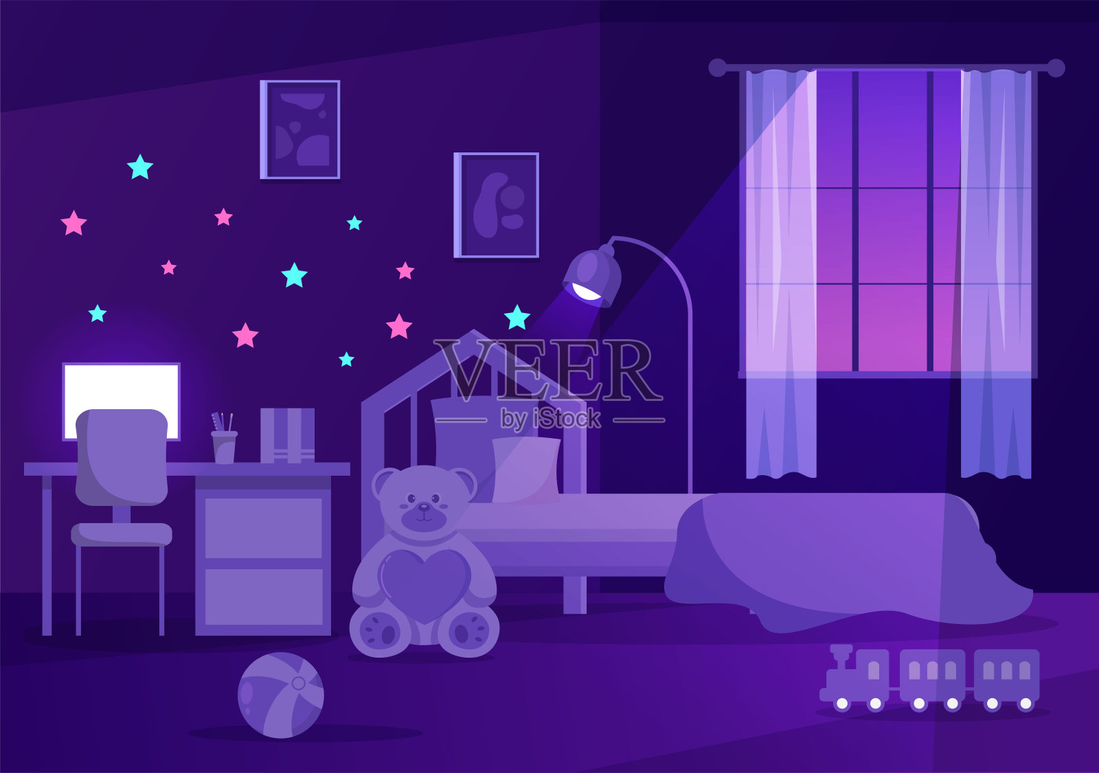 夜舒适的卧室内部家具像床，衣柜，床头柜，花瓶，吊灯在卡通矢量插图的现代风格插画图片素材
