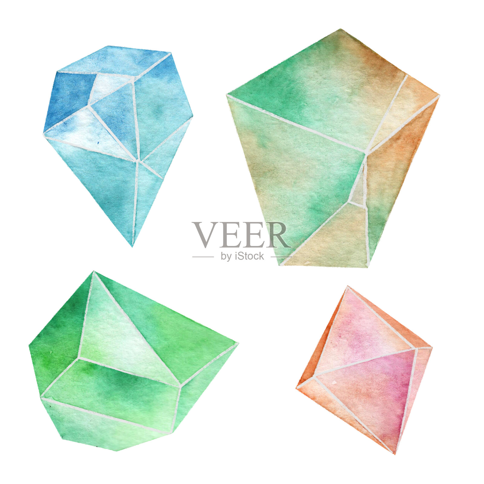 水彩套彩色水晶。宝石。孤立在白色背景。插画图片素材