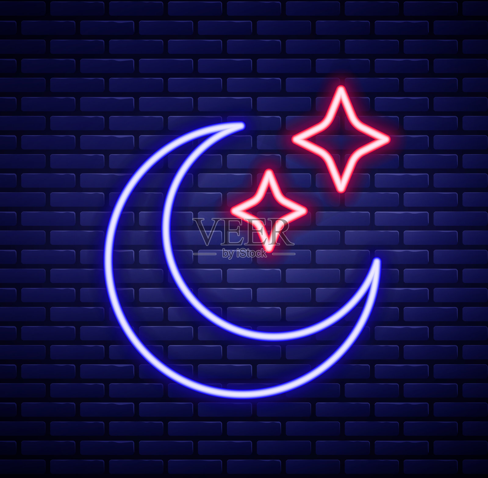 发光的霓虹灯线月亮和星星图标孤立上插画图片素材