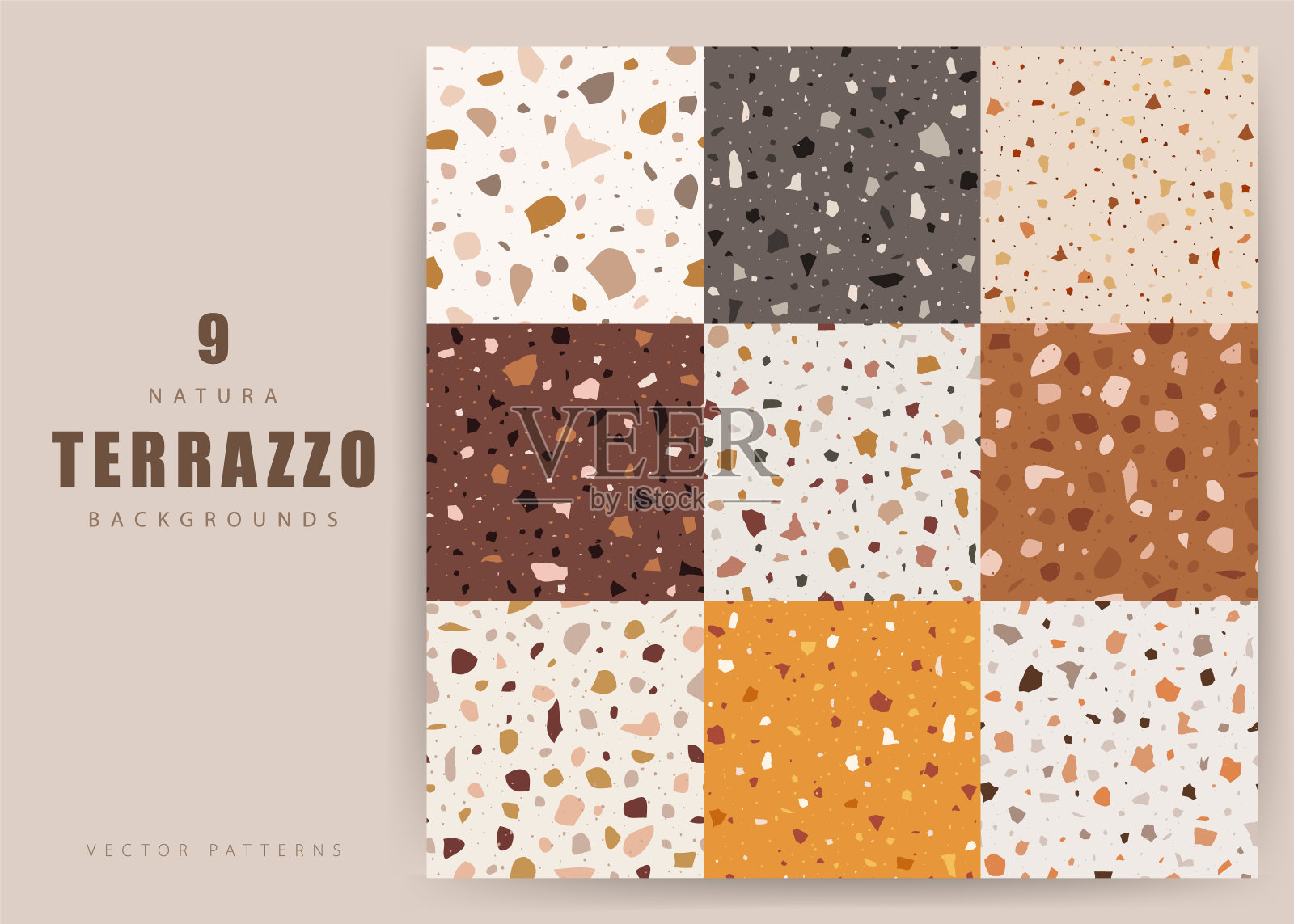 一套水磨石无缝背景。织物，墙纸，石器的无尽图案。矢量插图在平面风格插画图片素材