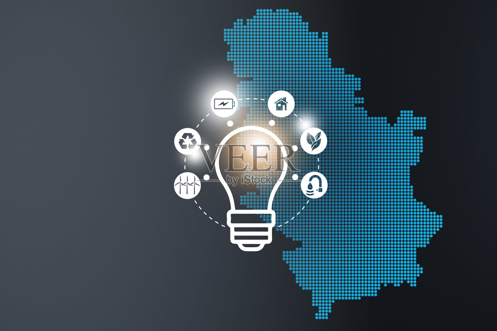 节能的概念。能源创新与未来工业发电图标图形界面。互动地图塞尔维亚的蓝色背景插画图片素材