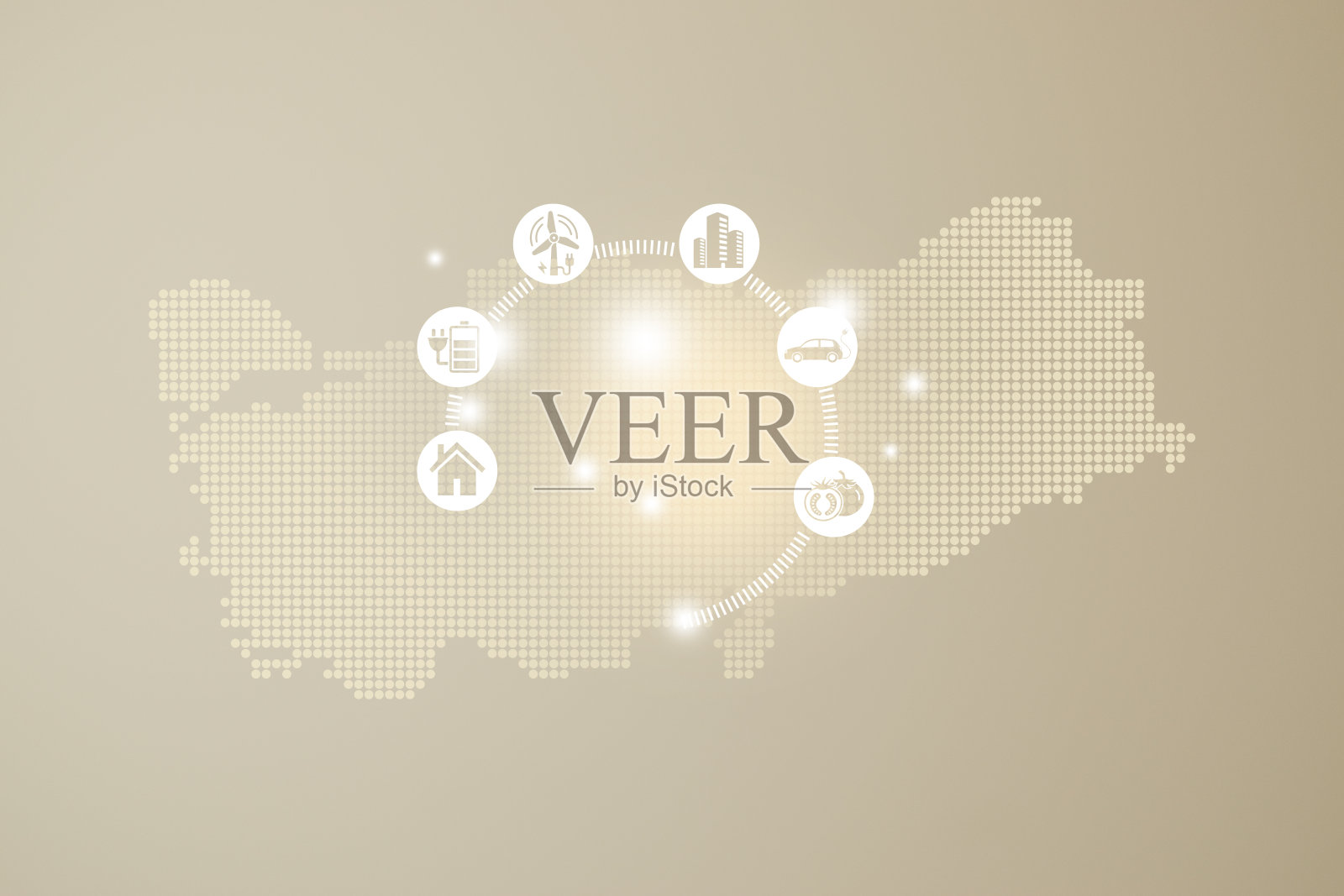 节能的概念。能源创新与未来工业发电图标图形界面。互动地图上的土耳其米色背景插画图片素材