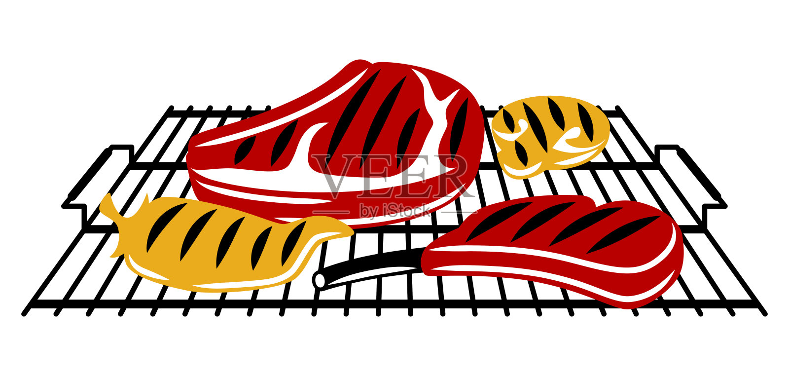 烧烤插图与烧烤对象和图标。程式化的厨房和餐厅项目。插画图片素材