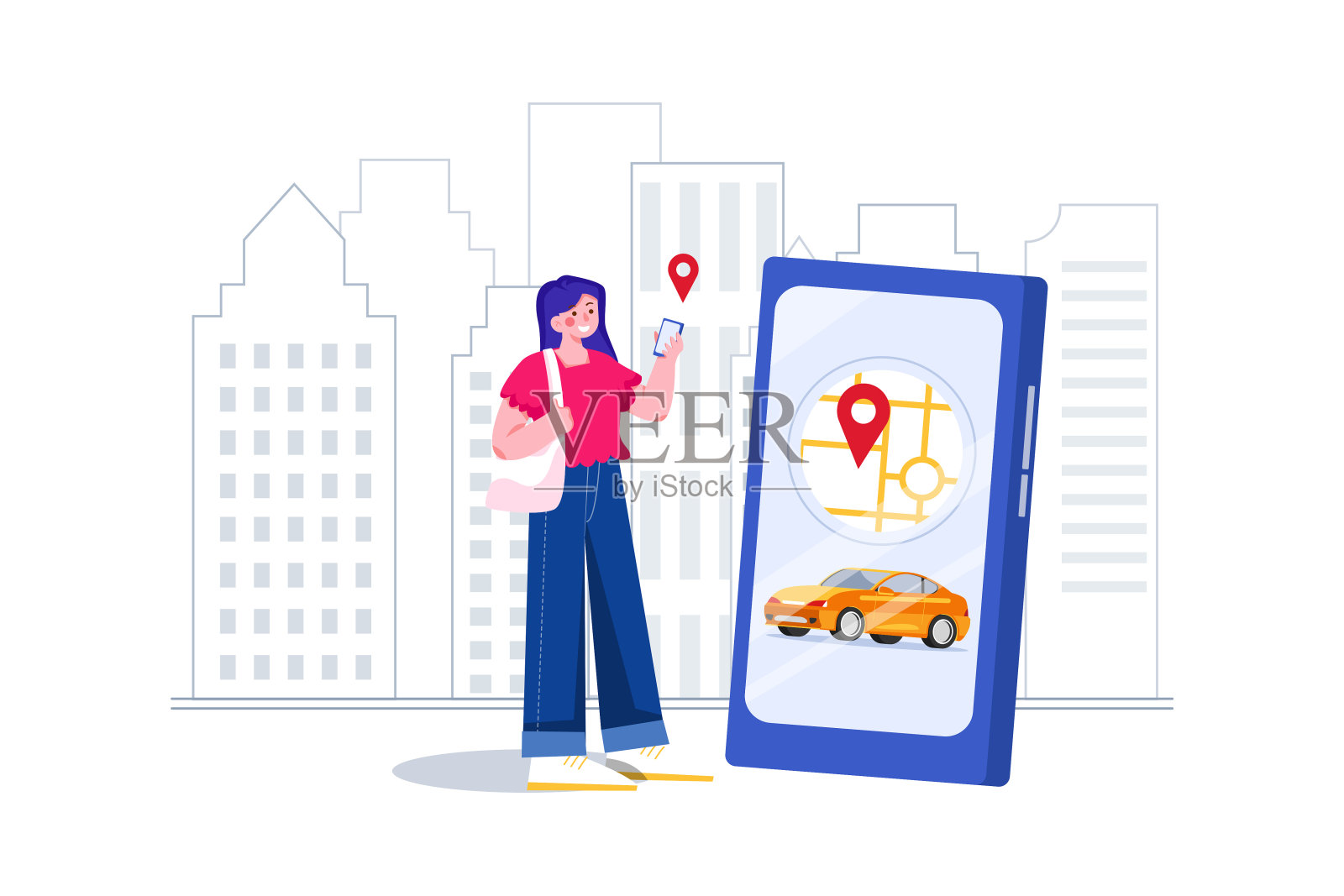 在现代城市的天际线上，女人拿着一个标有智能电动汽车定位标志的手机插画图片素材