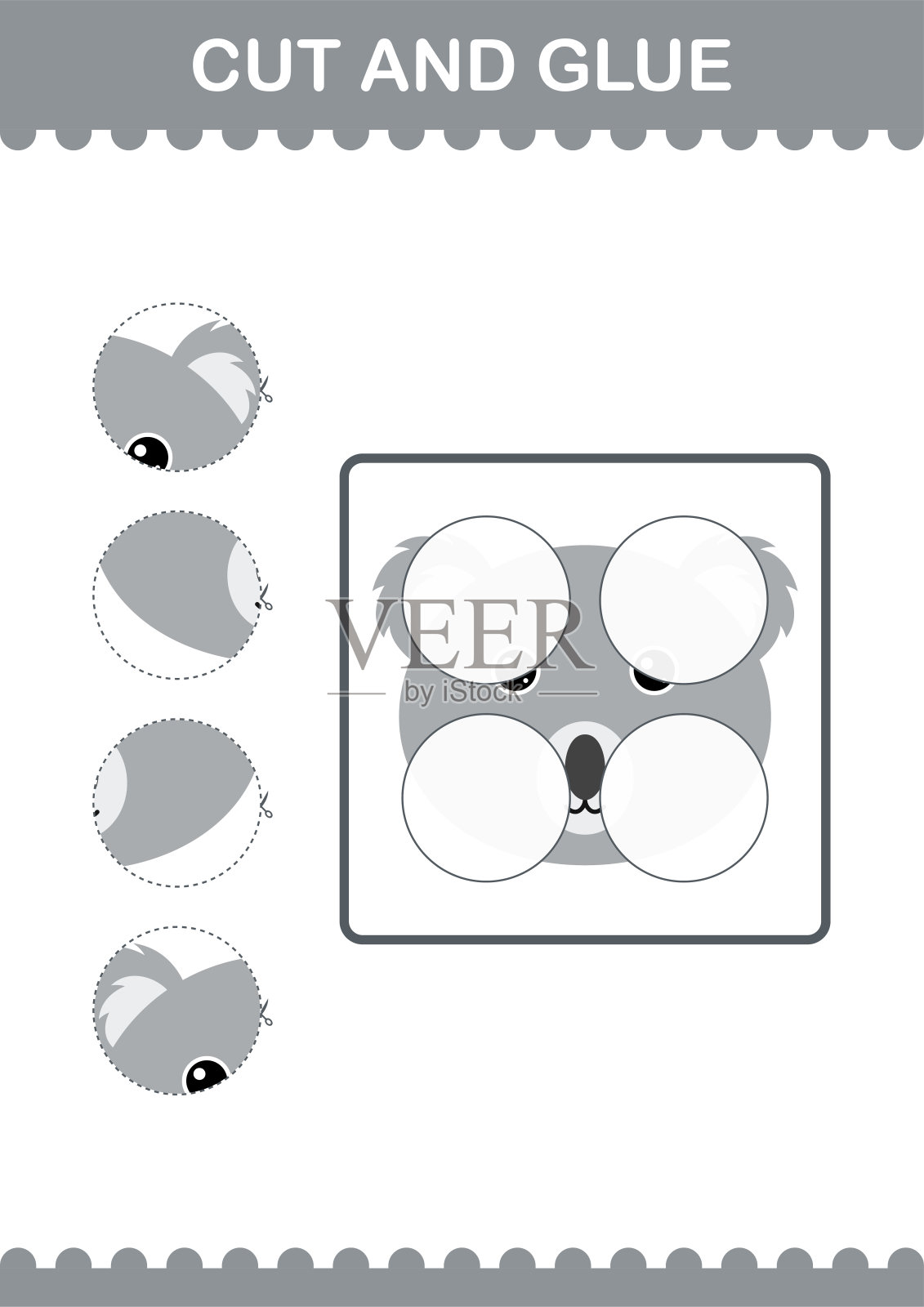 剪下并粘上考拉的脸。工作表对孩子插画图片素材