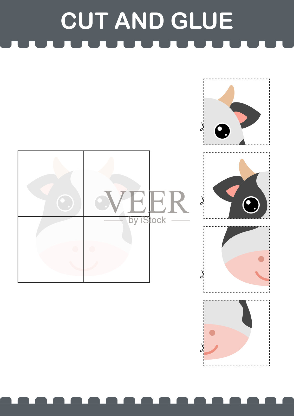 剪和粘牛脸。工作表对孩子插画图片素材