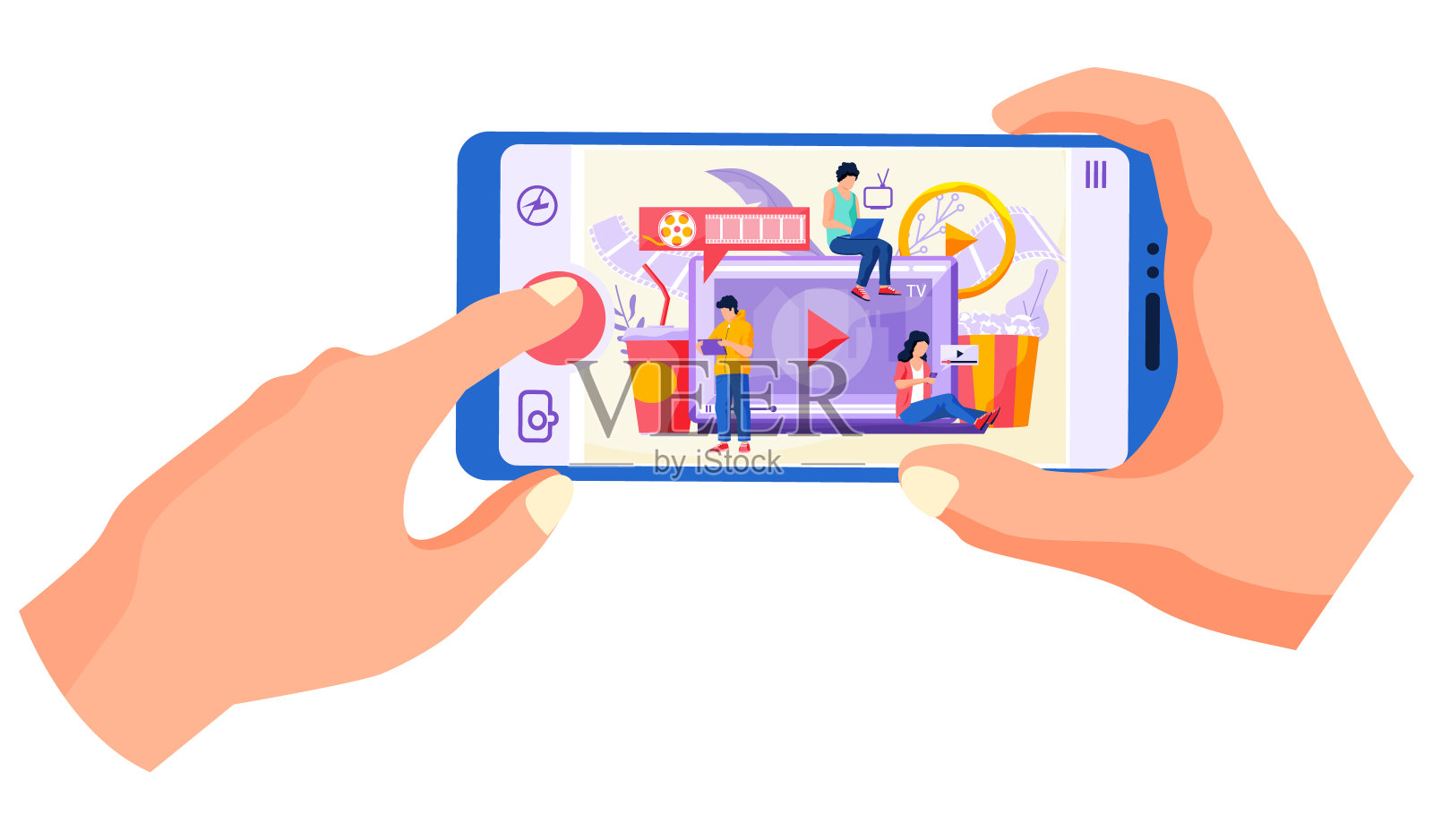 在线电影，互联网流媒体。手拿着智能手机。在家在线看电影插画图片素材