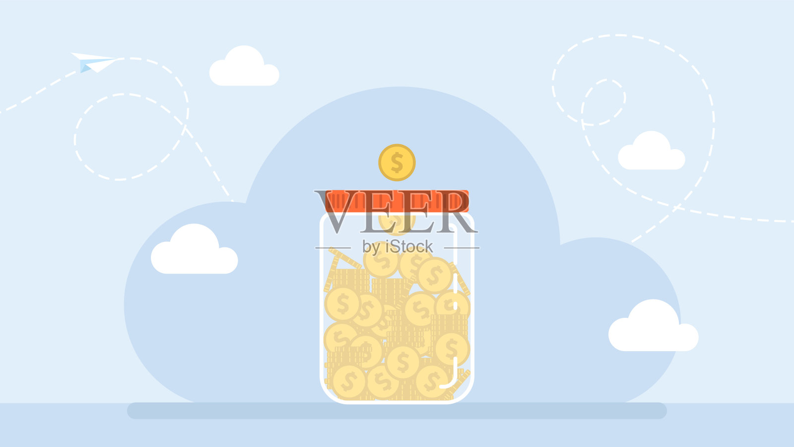 省钱的概念。金币装在有盖的透明玻璃罐里。存钱的储钱罐。Jar和钱。汉德把一枚金币放进一个玻璃储蓄罐。平坦的插图。向量插画图片素材