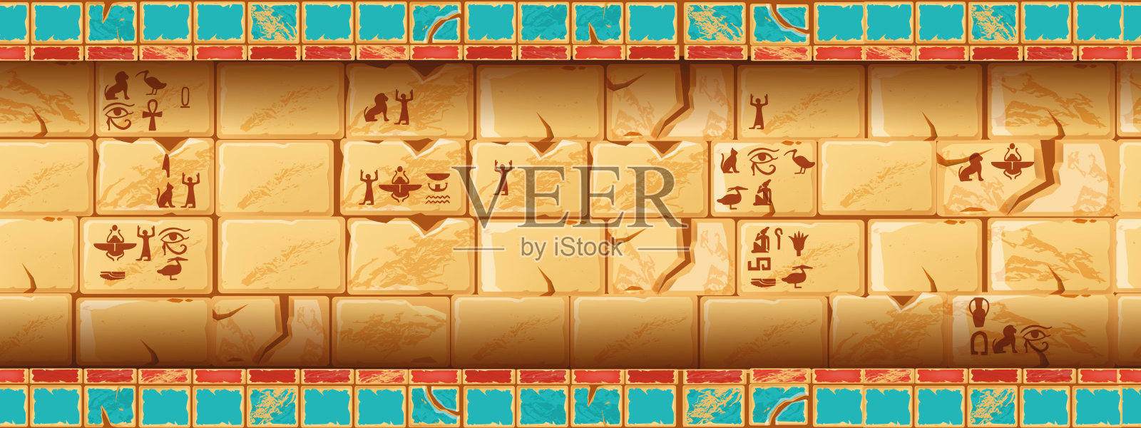 埃及神庙背景，矢量无缝金字塔墓壁、石柱、粘土砖、神像剪影。插画图片素材