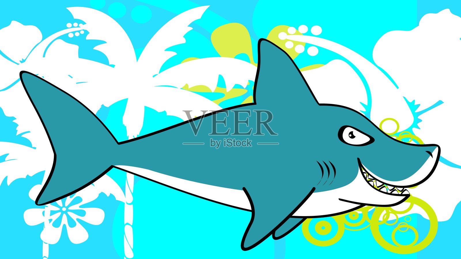 不爽鲨鱼卡通热带背景插画图片素材