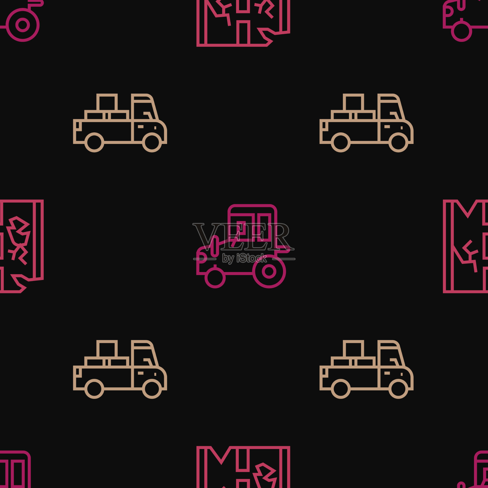 设置断线公路运输卡车和拖拉机图标素材