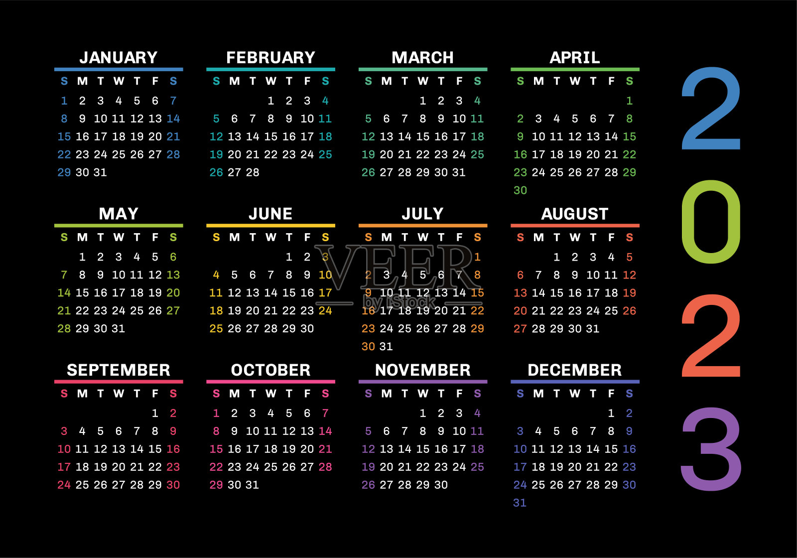 2023年日历设计。英文彩色矢量墙或袖珍压延模板插画图片素材