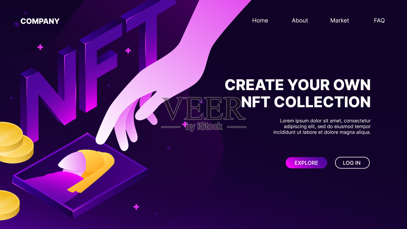 NFT市场登陆页面。网页设计模板插画图片素材