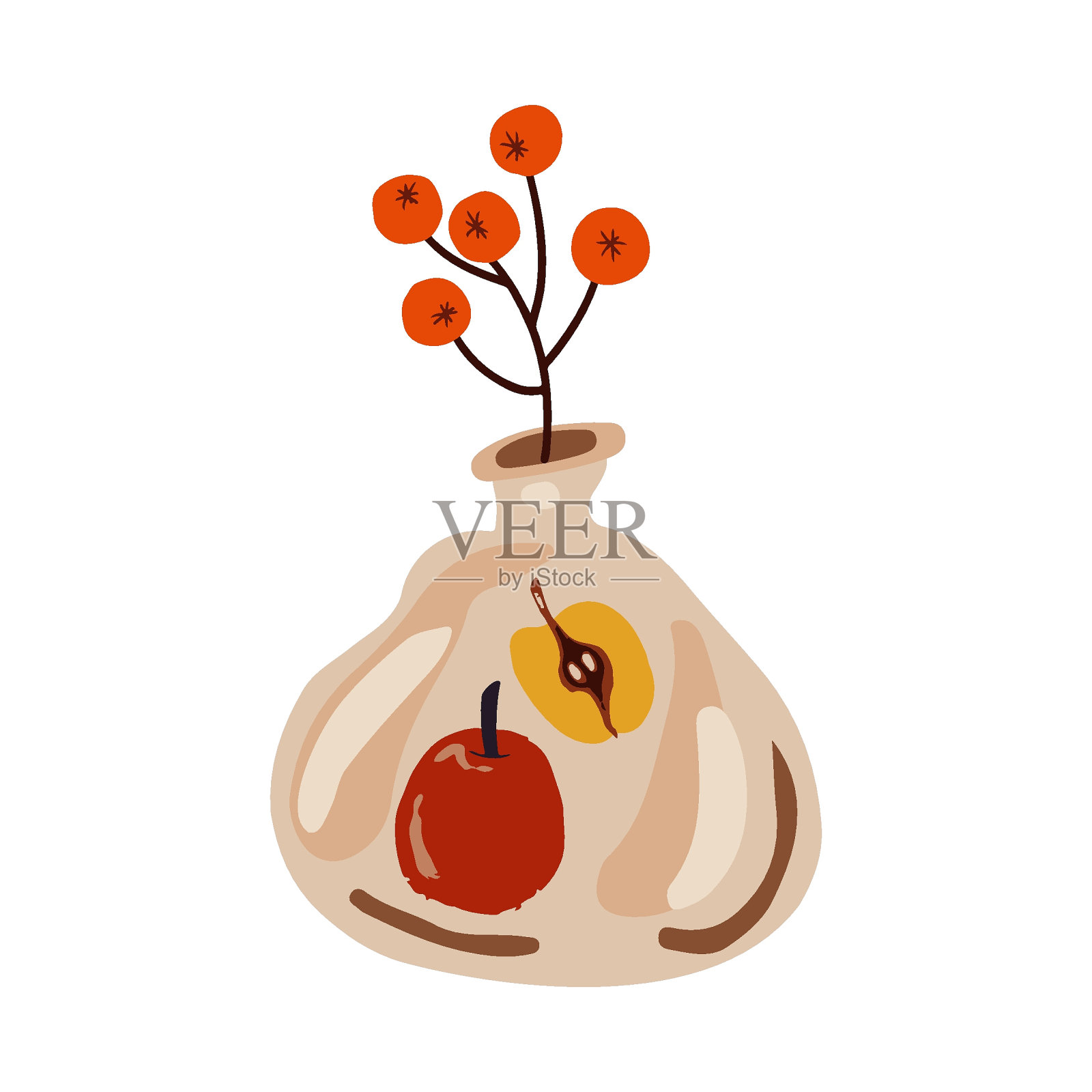 秋季扁平风格设计，手绘花瓶与水果设计元素图片