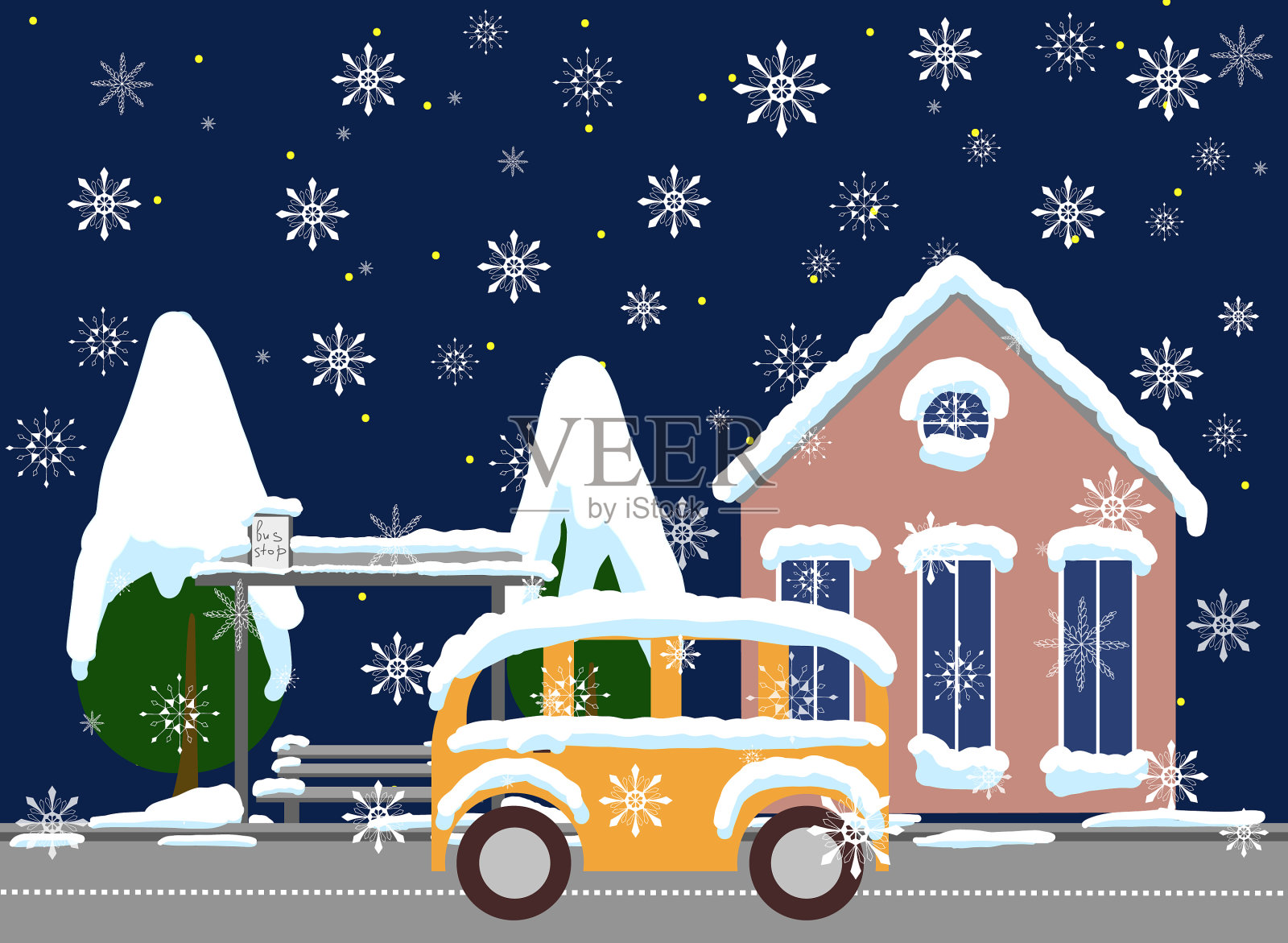公交车站覆盖着雪城惬意的景色插画图片素材