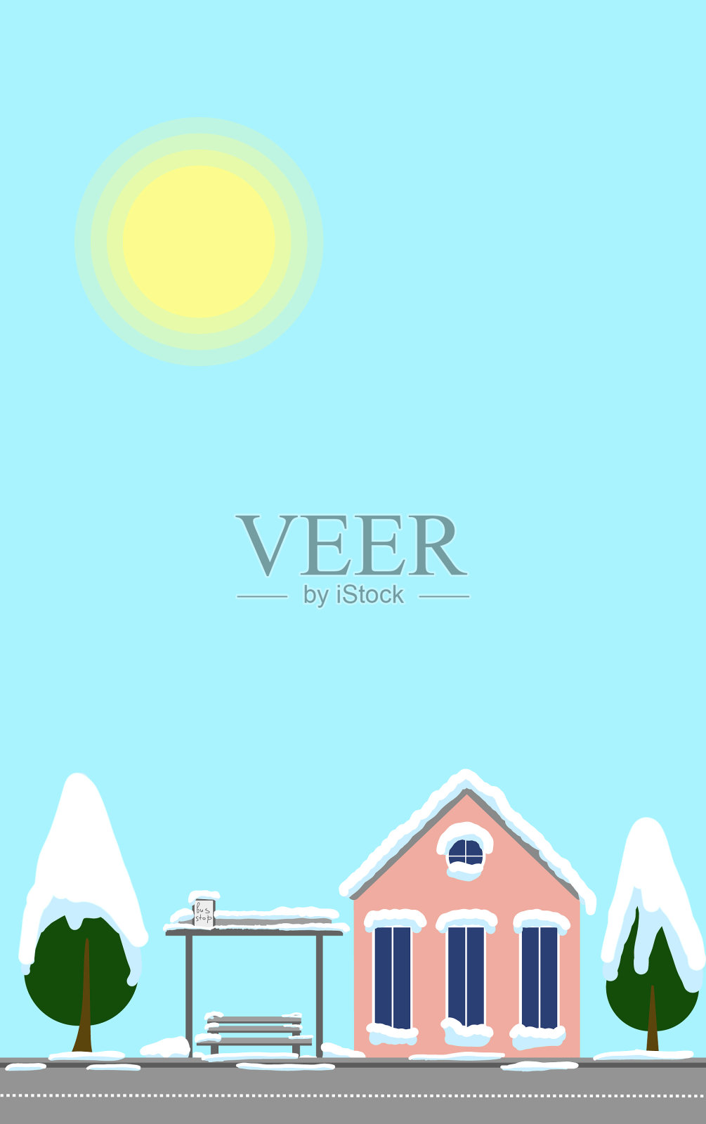 镇明信片，冬景巴士站和插画图片素材