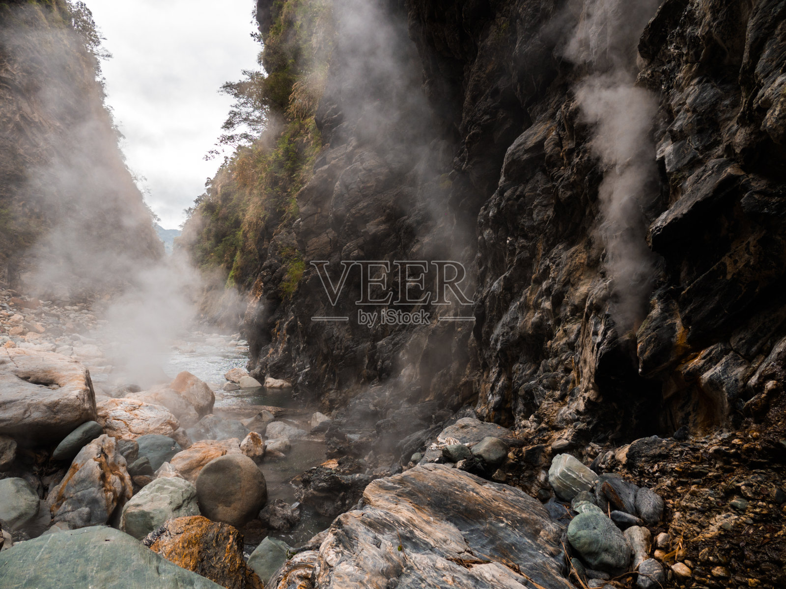 台东县温泉区附近有蒸汽喷口的河流照片摄影图片