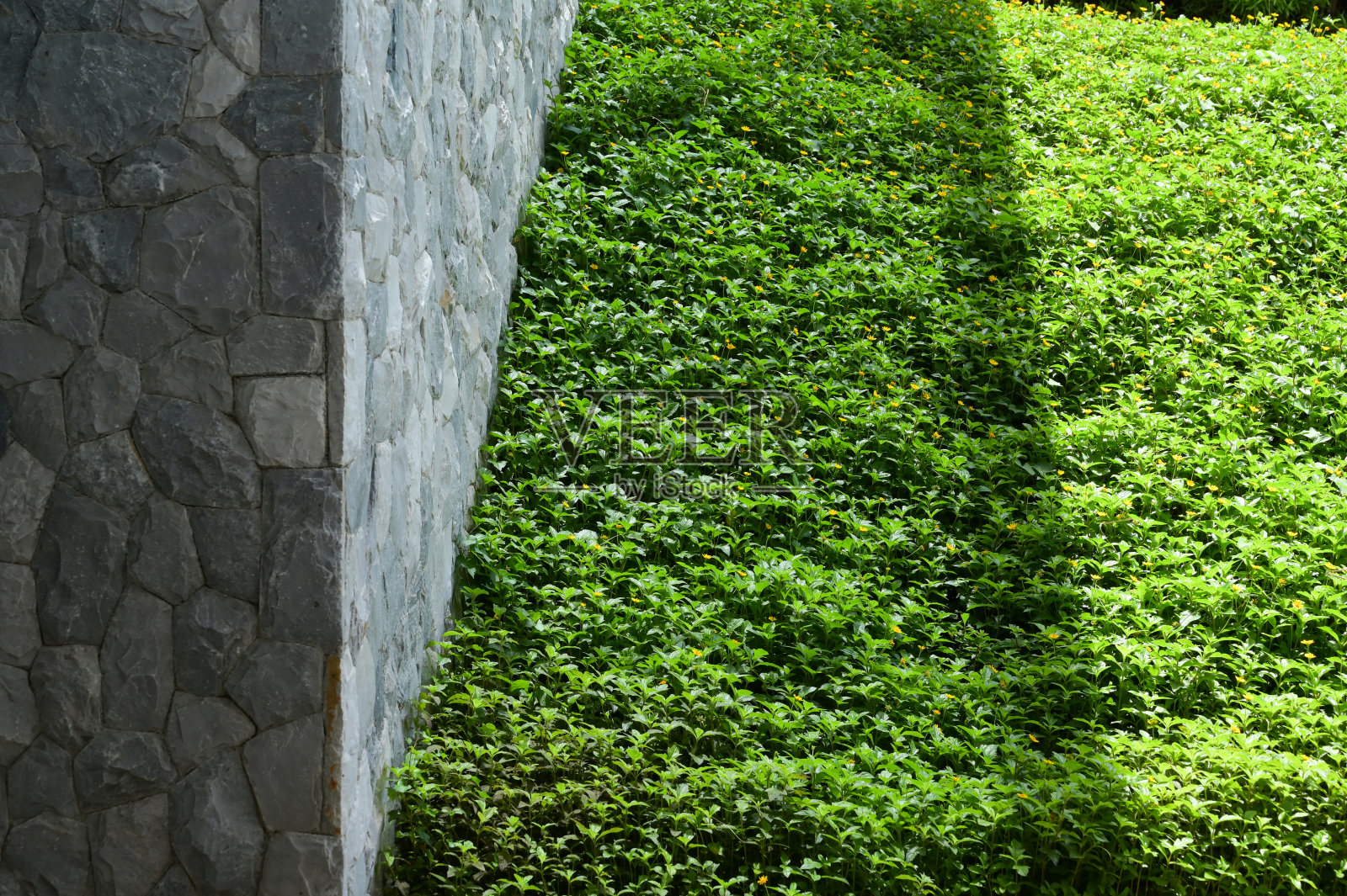 石墙和街道与绿色的花园照片摄影图片