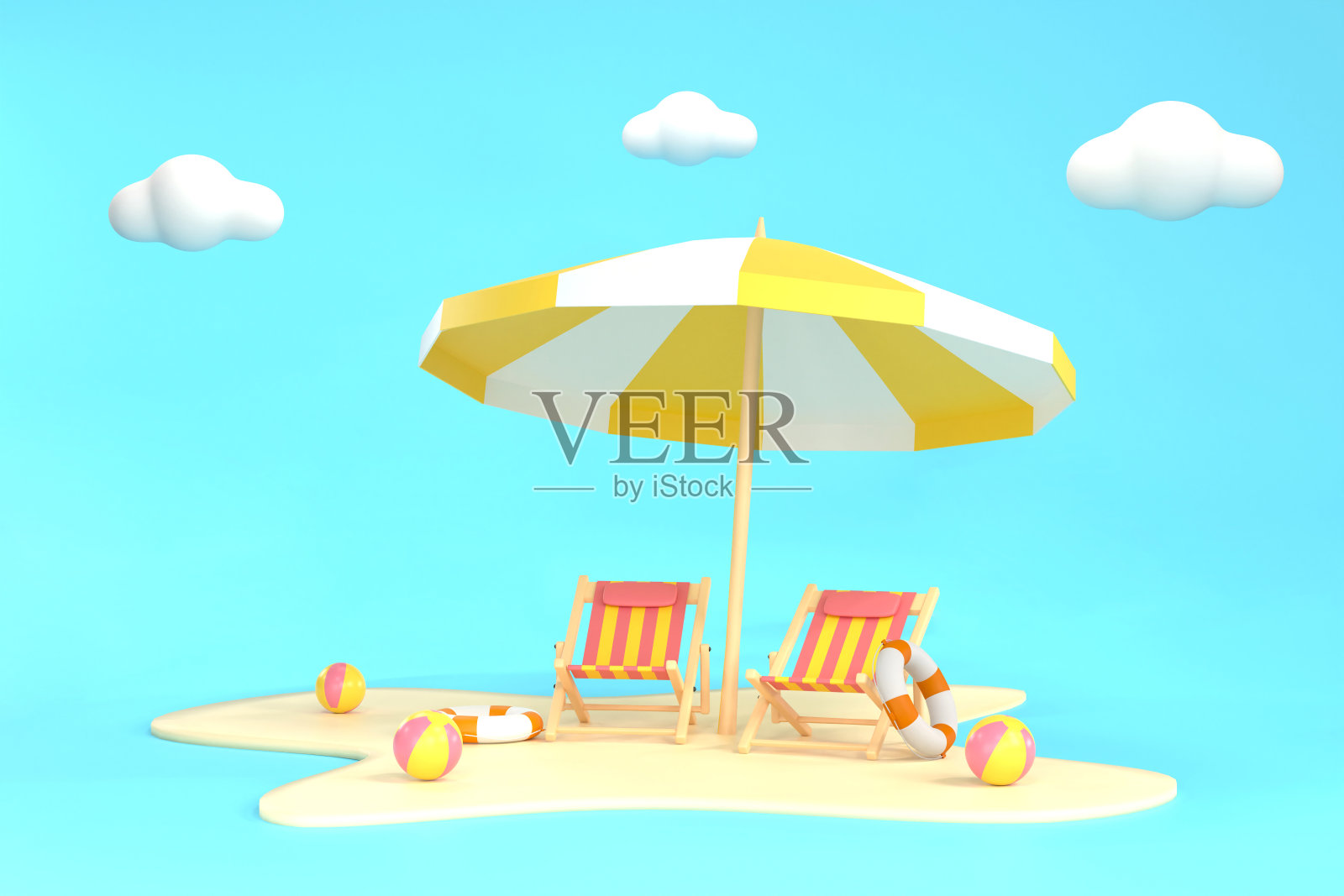 沙滩伞，沙滩球，游泳圈，沙滩椅。暑期旅游和假期照片摄影图片