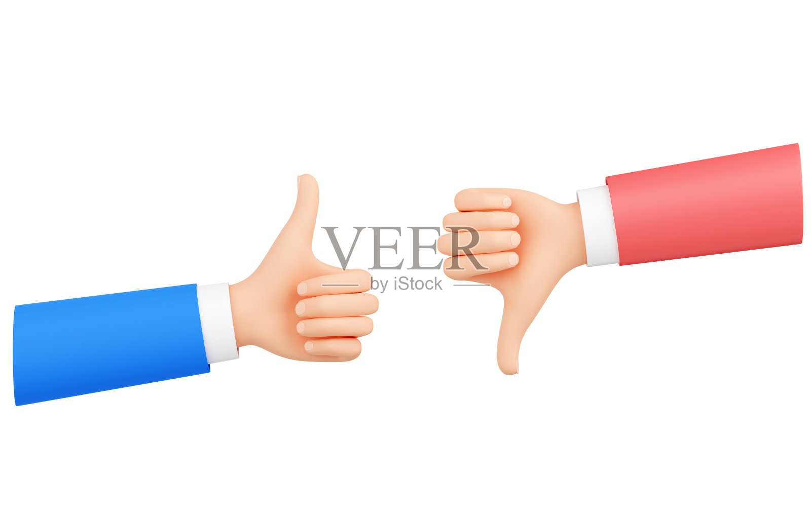 手与拇指向上和向下的手势3d渲染显示积极和消极的反馈。照片摄影图片