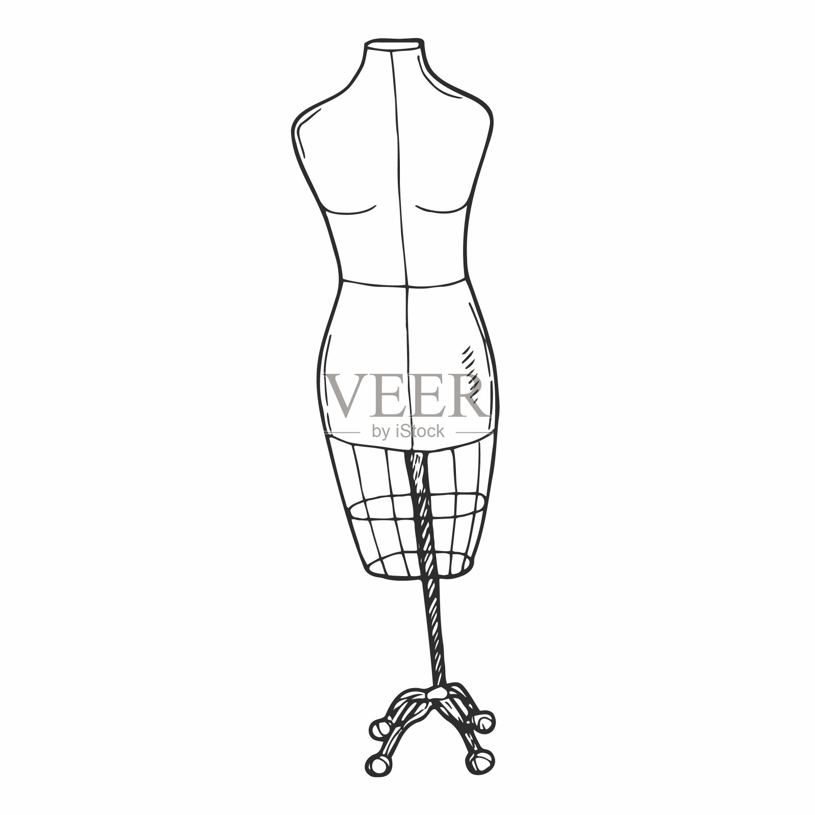 涂鸦裁缝模型图标矢量。手绘缝纫模型图标矢量。女性服装人体模型插画图片素材