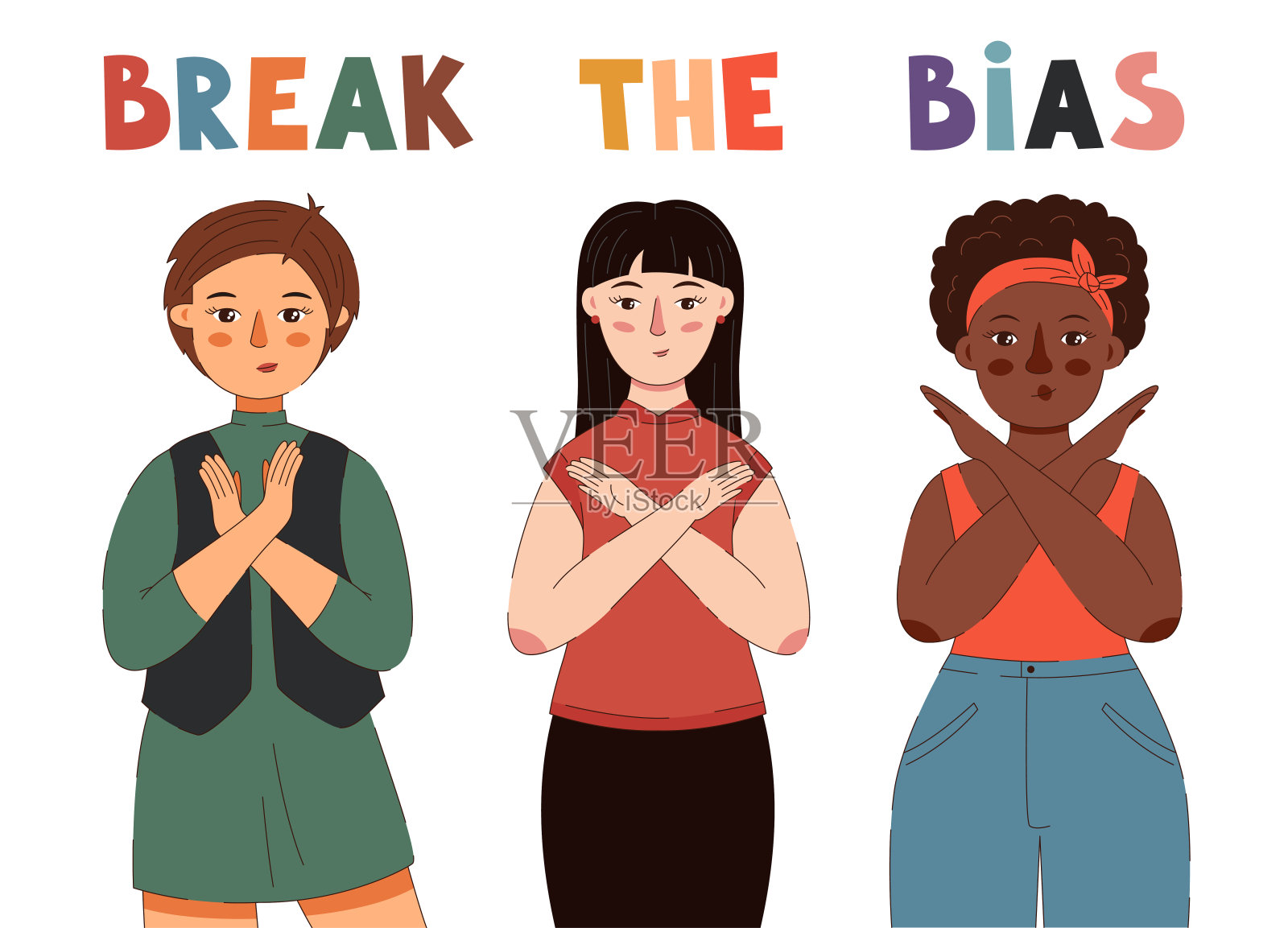 打破偏见。不同种族的女性插画图片素材