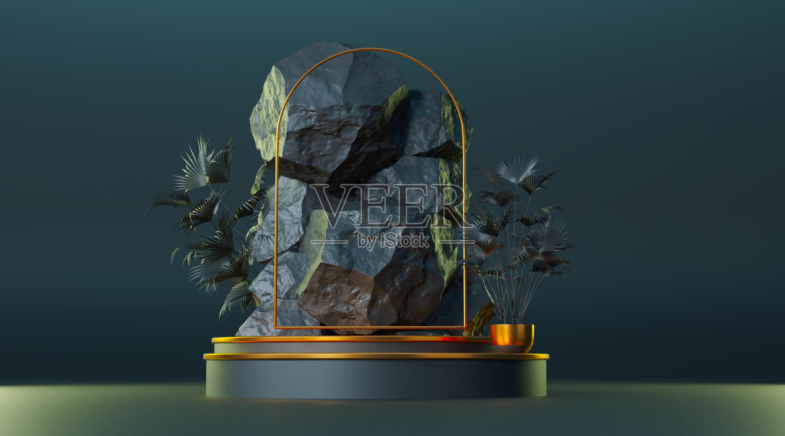 用于产品展示的气缸基座。站产品模型。黑色概念，黑色几何石头和岩石形状背景，插画图片素材