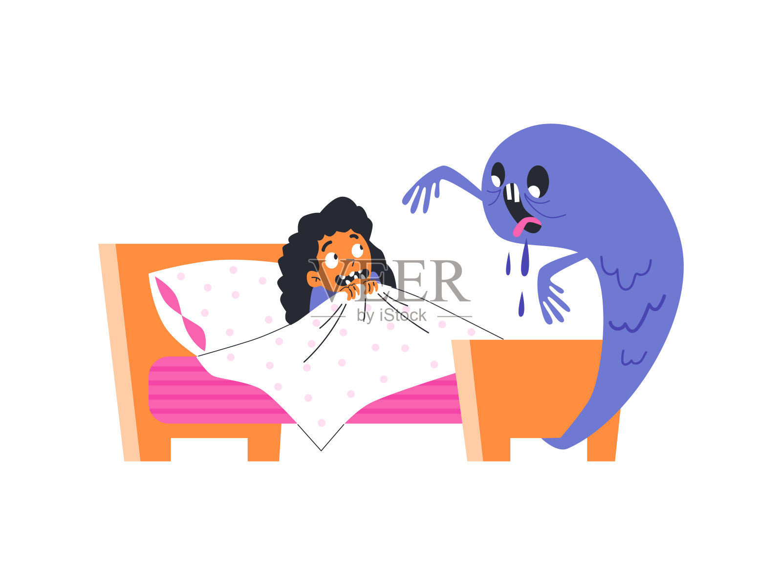 女孩害怕床下怪物，平面矢量插图孤立在白色背景上。插画图片素材