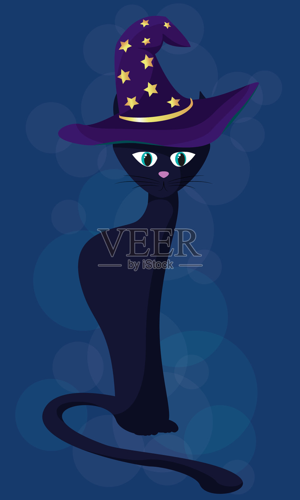 黑猫戴着紫色女巫帽插画图片素材