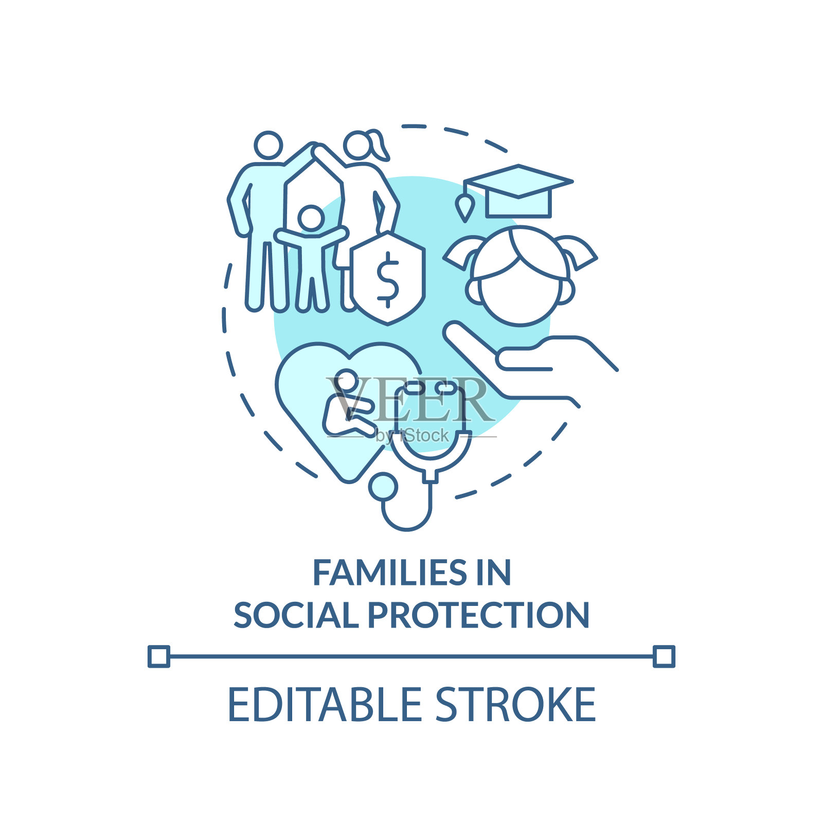 家庭在社会保障的绿松石概念图标插画图片素材