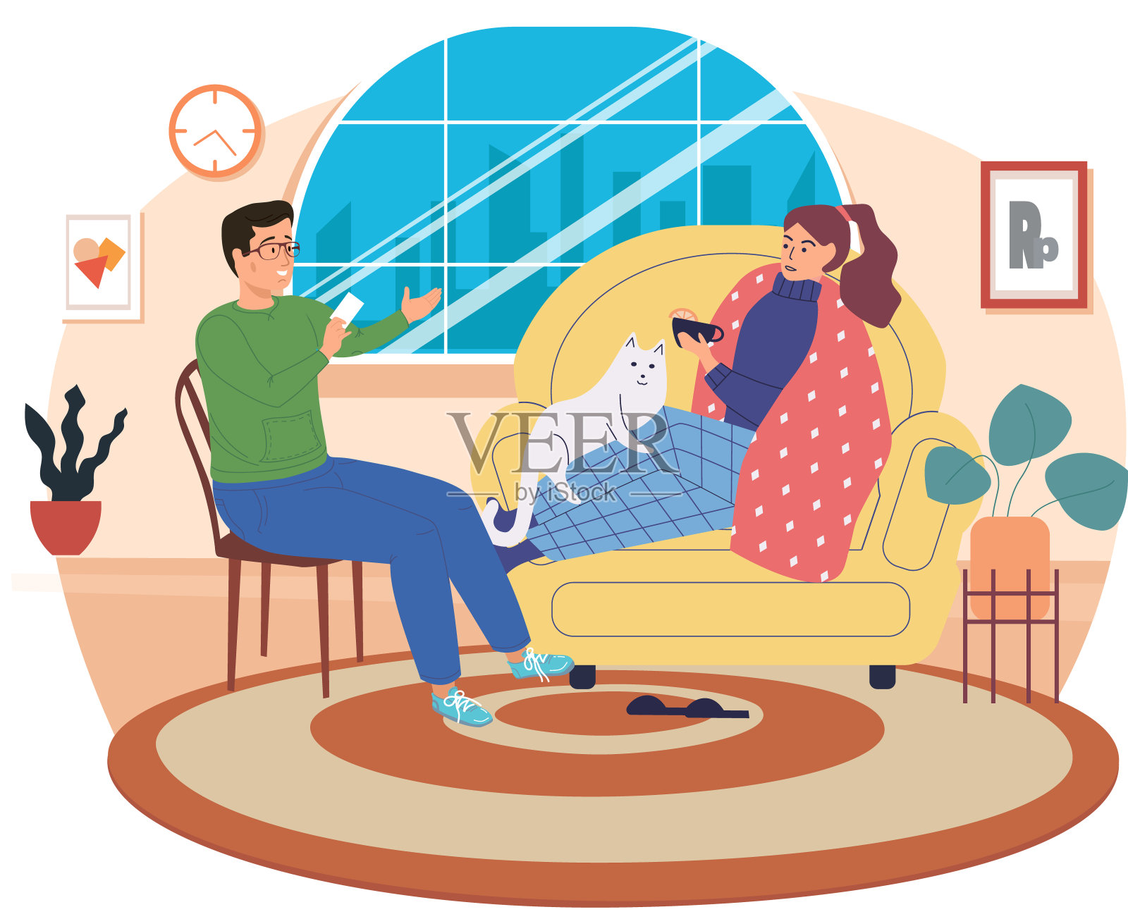 生病的女孩吃药自我隔离。男人拿着一张纸与女人交流插画图片素材