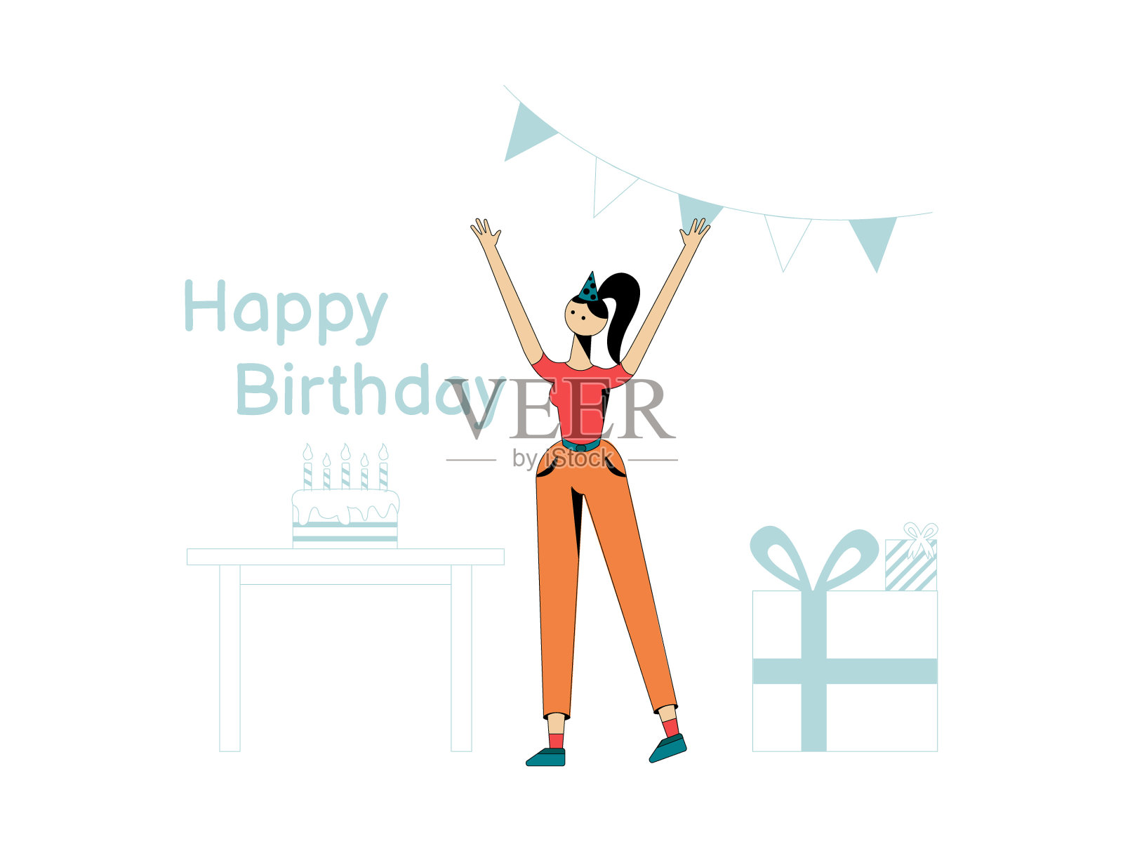 插图一个字符。女孩祝贺生日快乐。礼物，纸杯蛋糕和旗帜插画图片素材