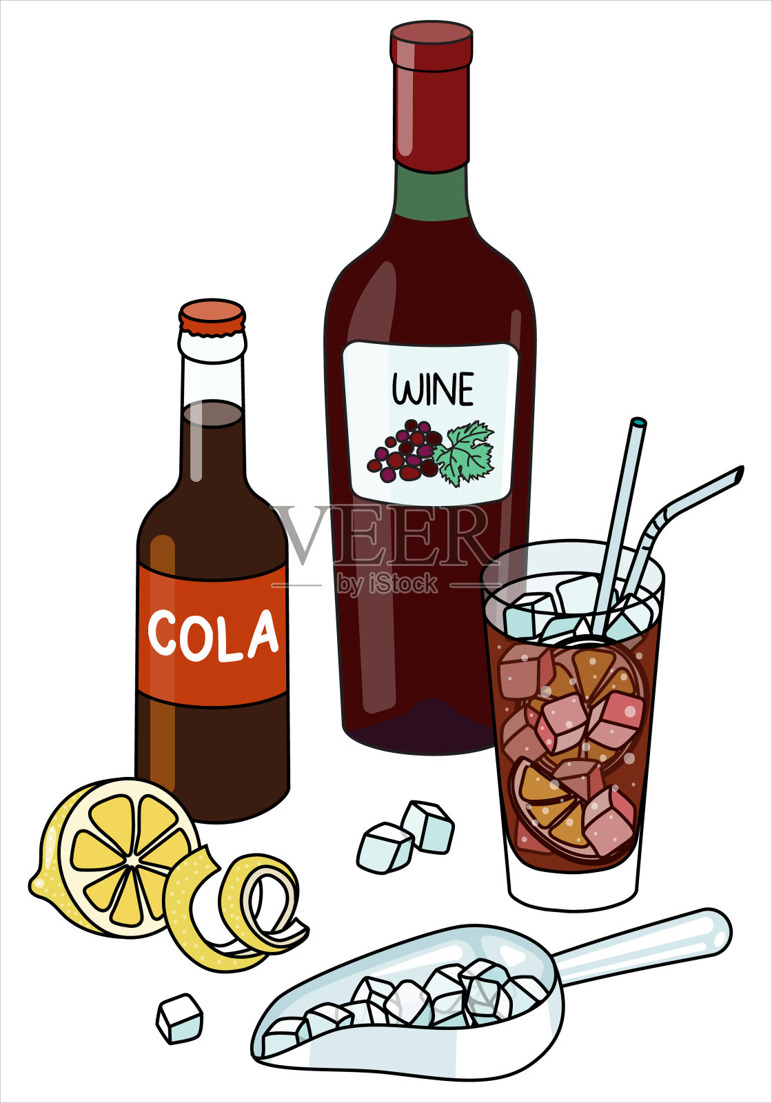 时尚的手绘涂鸦卡通风格的西班牙夏天Kalimotxo又名Calimocho鸡尾酒组合。一瓶红酒，可乐和柠檬。对于酒吧菜单，烹饪书食谱，贴纸或卡片。插画图片素材